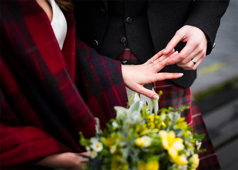 Close cropped photo of hands wearing wedding rings